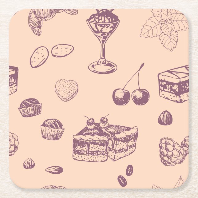 Sweet pattern with various desserts. square paper coaster (Front)