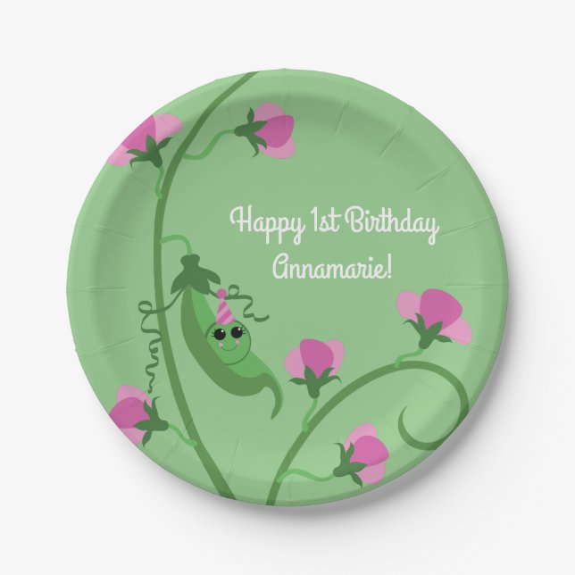 Sweet Pea Cute 1st Birthday Party Paper Plate (Front)