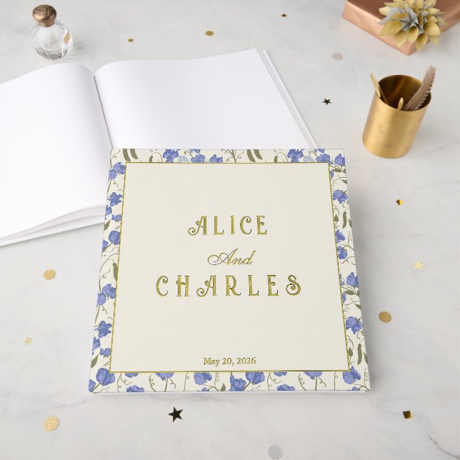 Sweet Pea Floral Blue and Cream  Guest Book (Front Open)