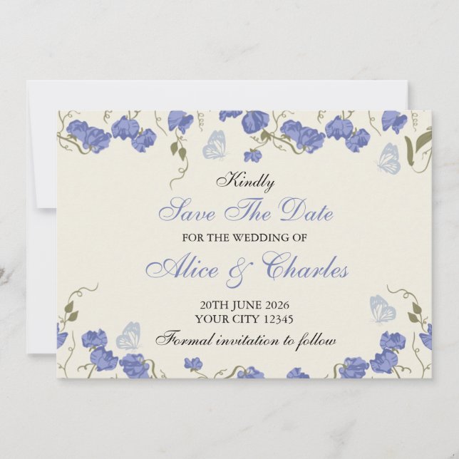 Sweet Pea Floral Blue and Cream Save the Date Invitation (Front)