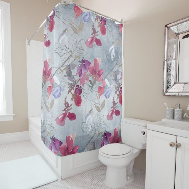 Sweet Pea Floral Pattern on Blue Shower Curtain (In Situ)