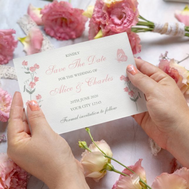 Sweet Pea Floral PInk and Cream Save the Date Invitation (Creator Uploaded)