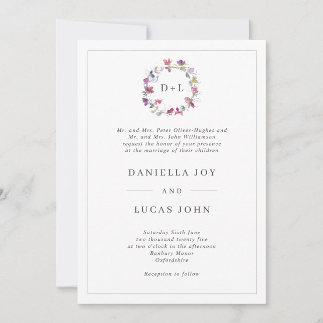 Sweet Pea Floral Wreath Monogram Wedding Invitation (Front)