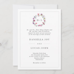 Sweet Pea Floral Wreath Monogram Wedding Invitation