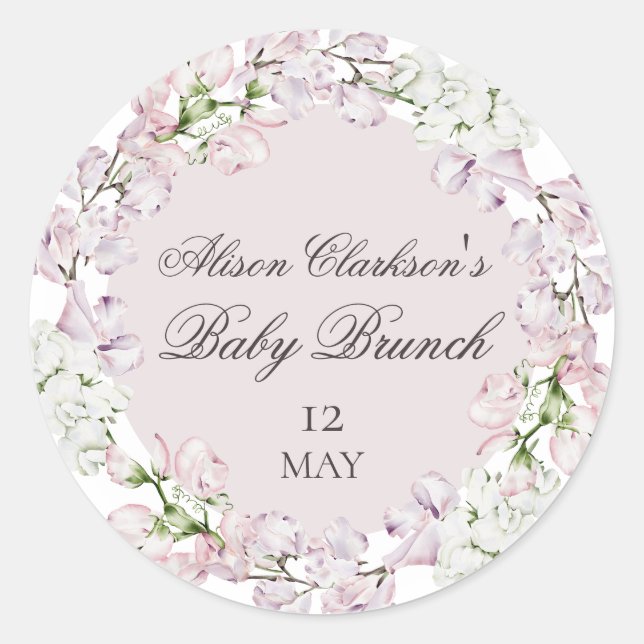 Sweet Pea flower Baby brunch elegant Round  Classic Round Sticker (Front)