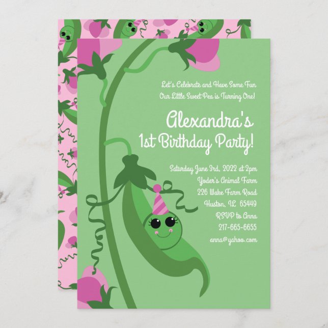Sweet Pea is One 1st Birthday Cute Invitations (Front/Back)