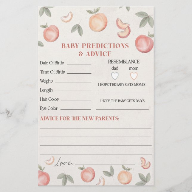 sweet peach advice for baby shower game  (Front)