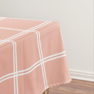 Sweet Peach and White Double Stripe Plaid Tablecloth
