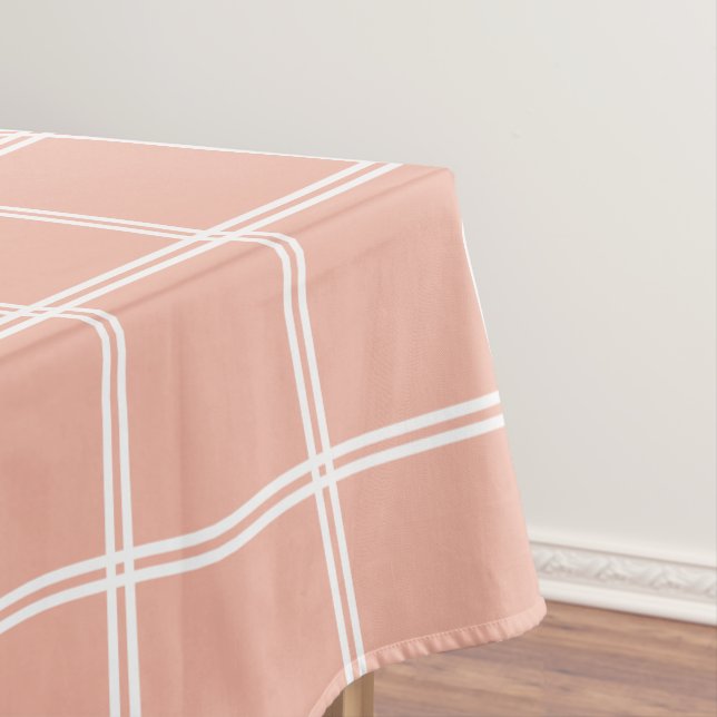 Sweet Peach and White Double Stripe Plaid Tablecloth (In Situ)