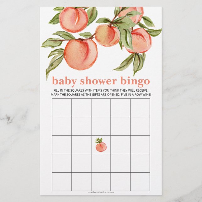 Sweet Peach Baby Shower Bingo Game  (Front)