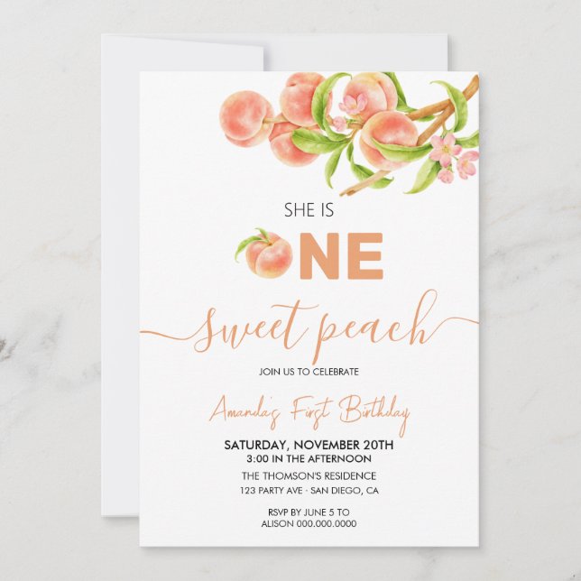  Sweet Peach Birthday  Invitation (Front)