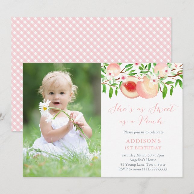 Sweet Peach Birthday Party for Girl Photo Invitation (Front/Back)