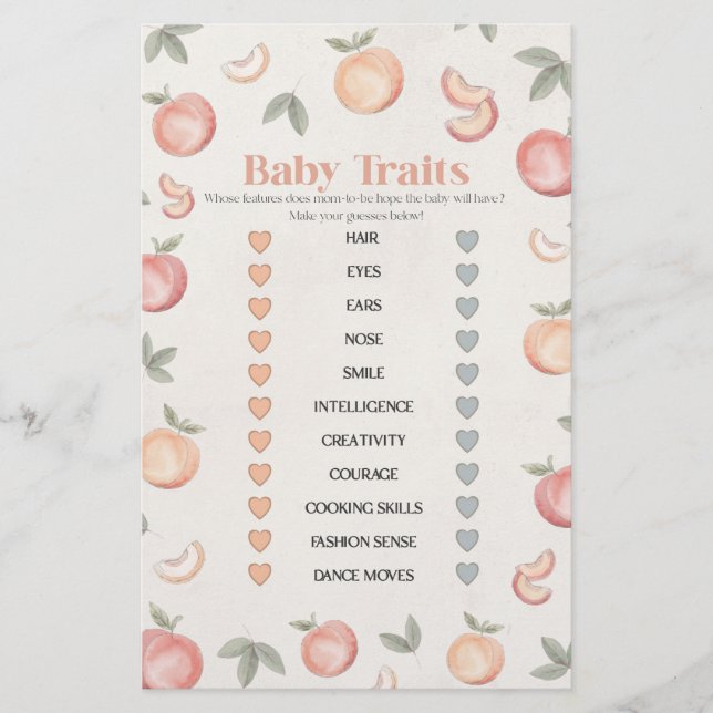 sweet peach boho baby traits baby shower game  (Front)