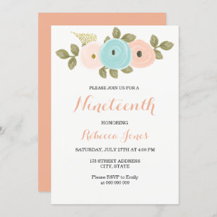 Sweet Peach Floral 19th Birthday Party Invitation
