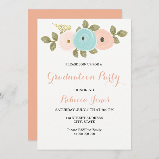 Sweet Peach Floral Graduation Party Invitation (Front/Back)