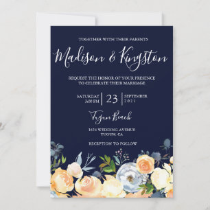 Sweet Peach Flowers Navy Wedding Invitation