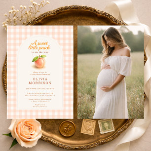 Sweet Peach Gingham Photo Baby Shower Invitation