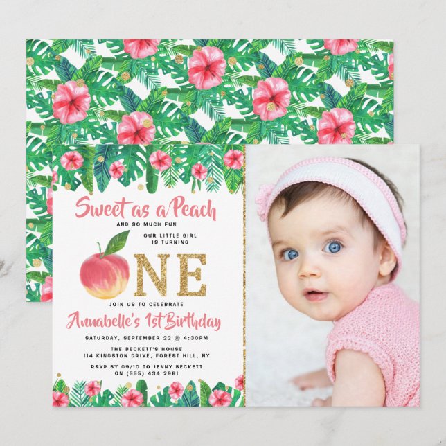 Sweet Peach Girls 1st Birthday Photo Invitation (Front/Back)