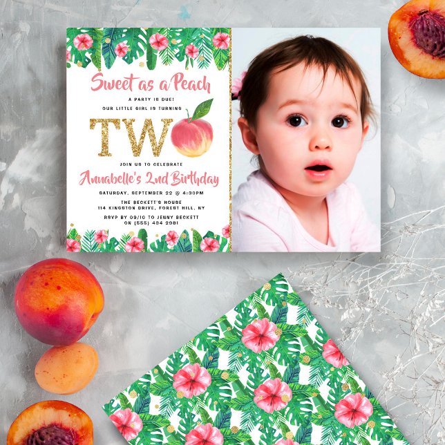 Sweet Peach Girls 2nd Birthday Photo Invitation (Creator Uploaded)