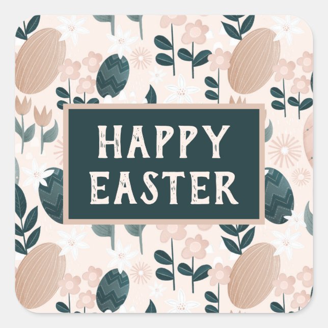 Sweet Peach Green Boho Botanical Easter Egg      Square Sticker (Front)