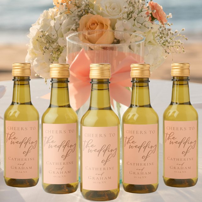 Sweet Peach Minimalist Script Summer Wedding Mini Wine Label (Creator Uploaded)