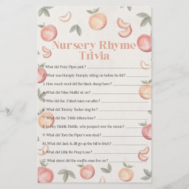 sweet peach nursery rhymer trivia baby shower (Front)