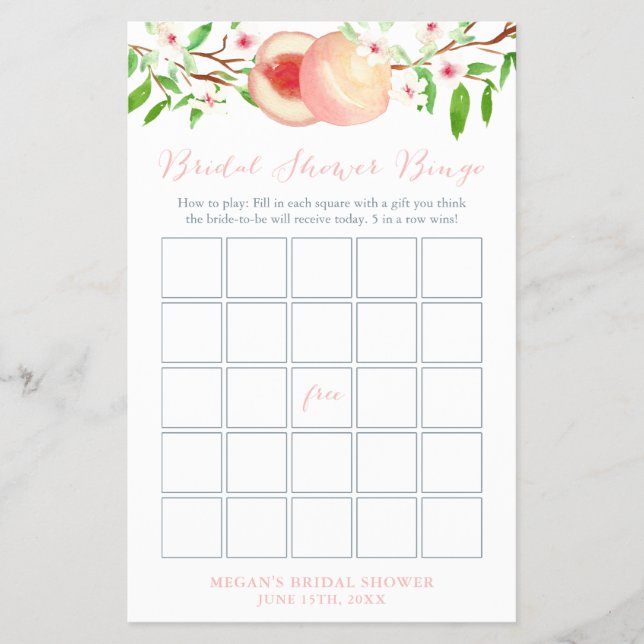 Sweet Peach Orchard Bridal Shower Bingo Game Card (Front)