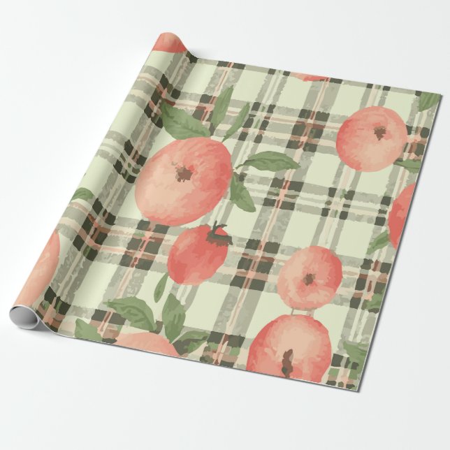Sweet Peach Pattern on Rustic Plaid Background Wrapping Paper (Unrolled)