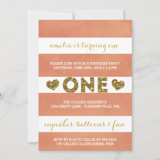 Sweet Peach Stripes First Birthday Party Invitation