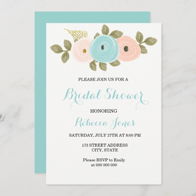 Sweet Peach Teal Flowers Bridal Shower Invite (Front/Back)