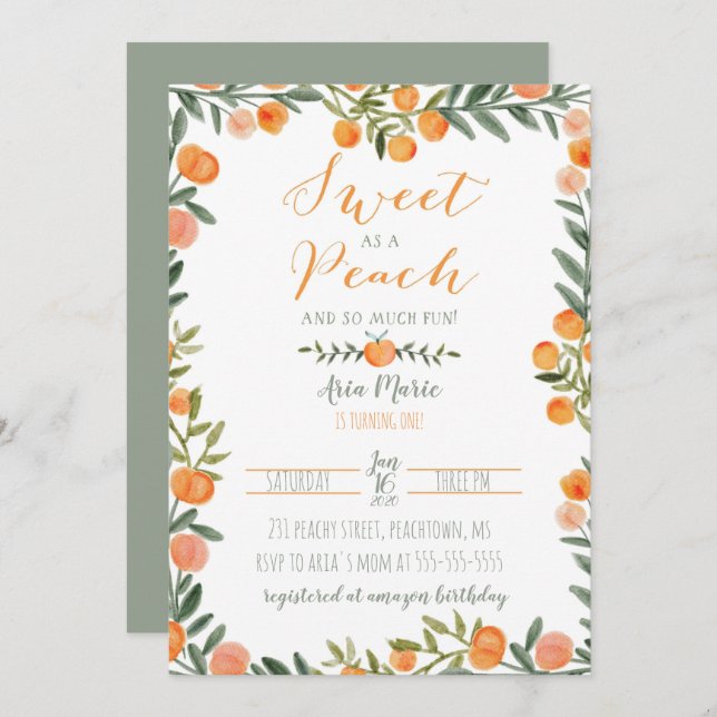 Sweet Peach Theme First Birthday Invitation (Front/Back)