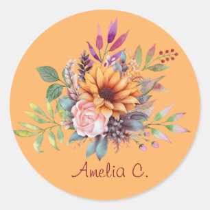 Sweet Peach Tone Pastel Watercolor Floral Classic Round Sticker
