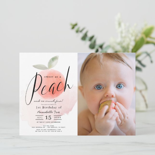 Sweet Peach Watercolor 1st Birthday Photo Invitati Invitation (Standing Front)