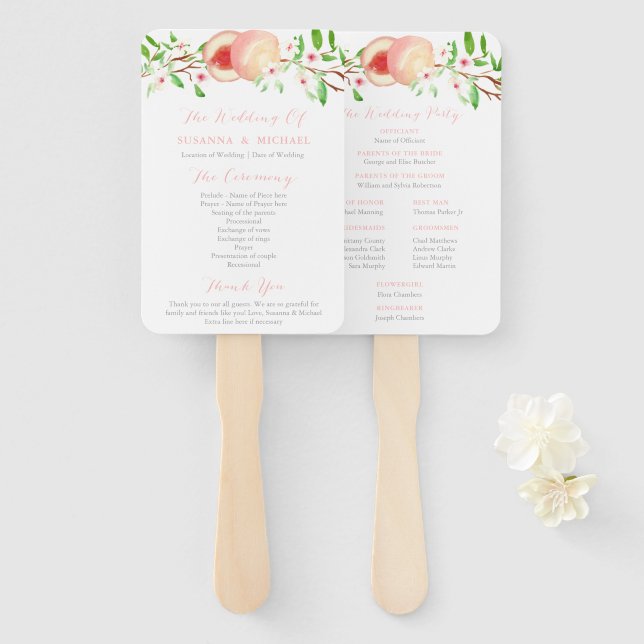Sweet Peaches Southern Wedding Ceremony Program Hand Fan (Front and Back)