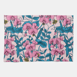 Sweet peas and bumblebees 2 tea towel