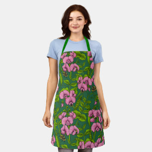 Sweet peas and bumblebees, green and pink apron