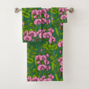 Sweet peas and bumblebees, green and pink bath towel set
