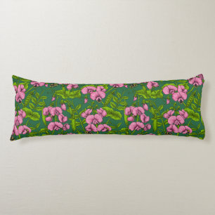 Sweet peas and bumblebees, green and pink body cushion