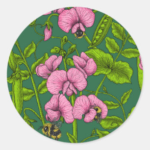 Sweet peas and bumblebees, green and pink classic round sticker