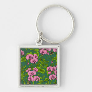 Sweet peas and bumblebees, green and pink key ring