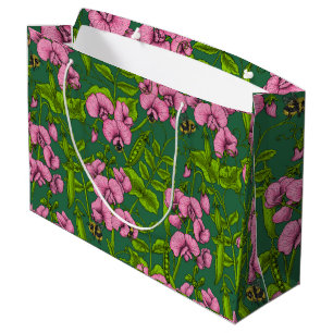 Sweet peas and bumblebees, green and pink large gift bag