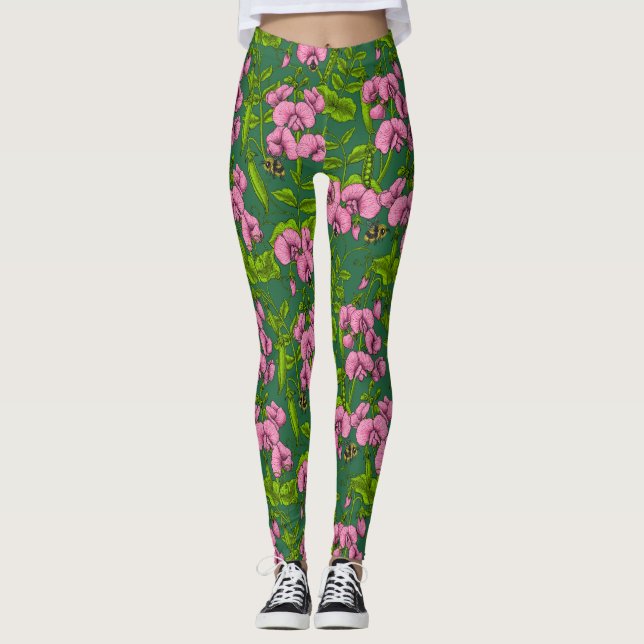 Sweet peas and bumblebees, green and pink leggings (Front)