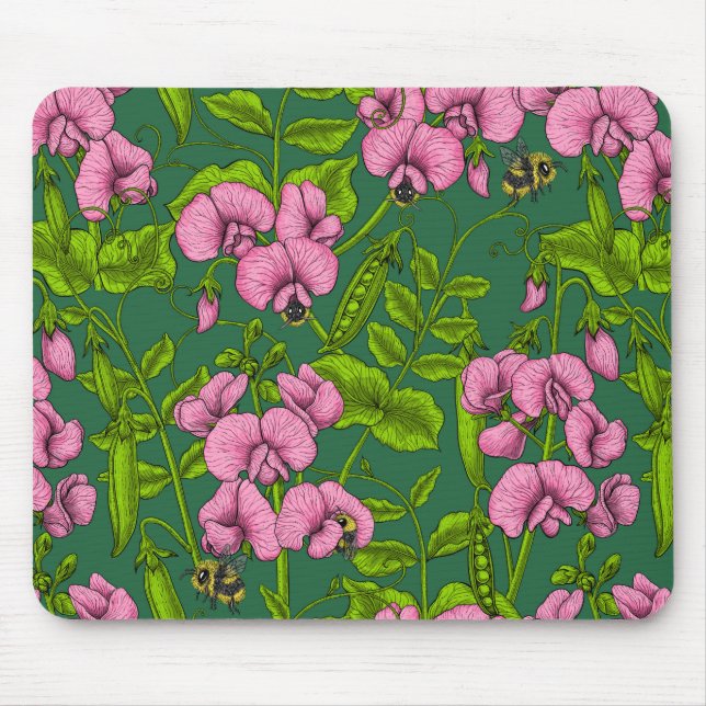 Sweet peas and bumblebees, green and pink mouse pad (Front)