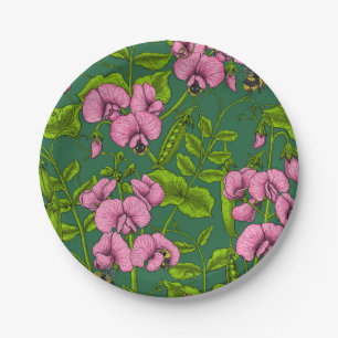 Sweet peas and bumblebees, green and pink paper plate