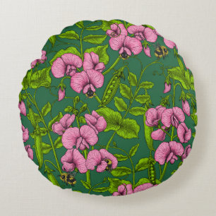 Sweet peas and bumblebees, green and pink round cushion