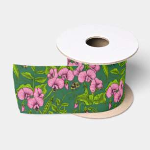 Sweet peas and bumblebees, green and pink satin ribbon