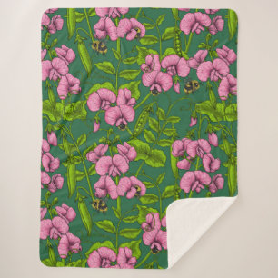 Sweet peas and bumblebees, green and pink sherpa blanket