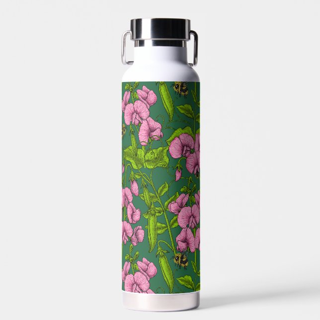 Sweet peas and bumblebees, green and pink water bottle (Front)