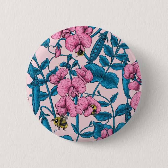 Sweet peas and bumblebees, pink and blue 6 cm round badge (Front)