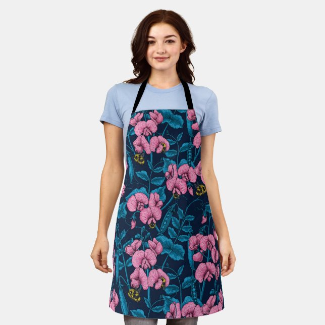Sweet peas and bumblebees, pink and blue apron (Worn)